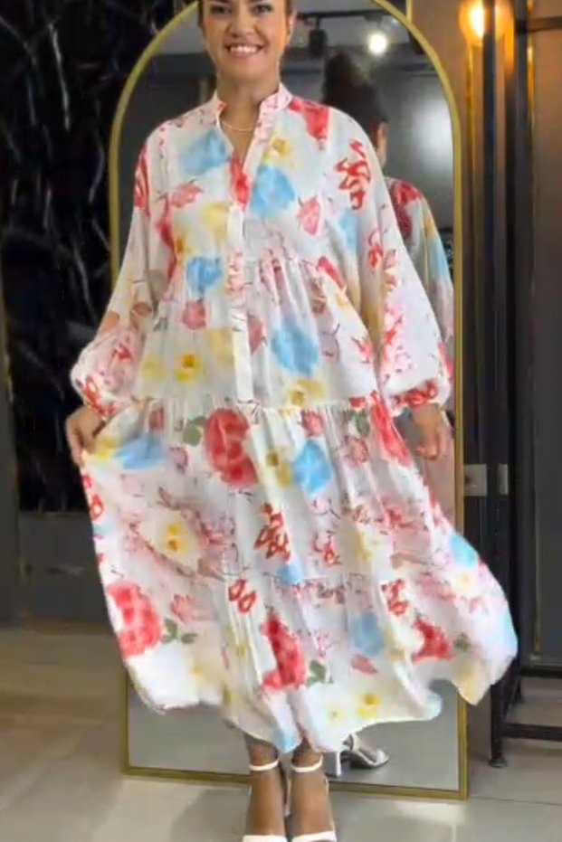 Women's Powder Button Detailed Patched Collar Floral Pattern Modal Fabric Long Sleeve Long Dress