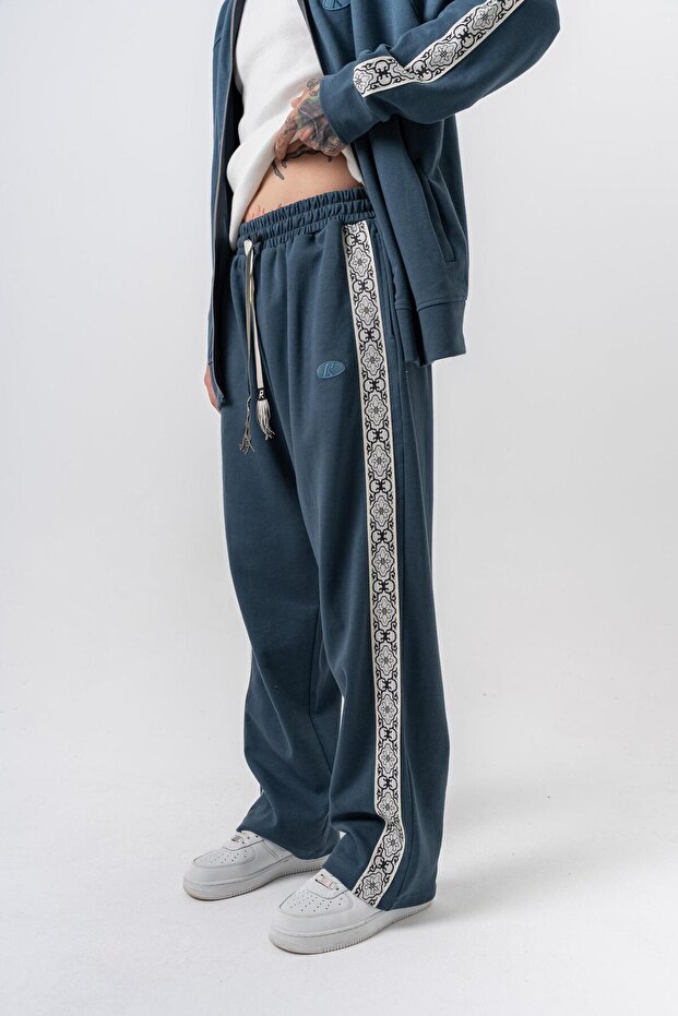 Erkek Damask Şerit Detaylı Kışlık Doubleface Baggy Eşofman Altı Petrol - 1