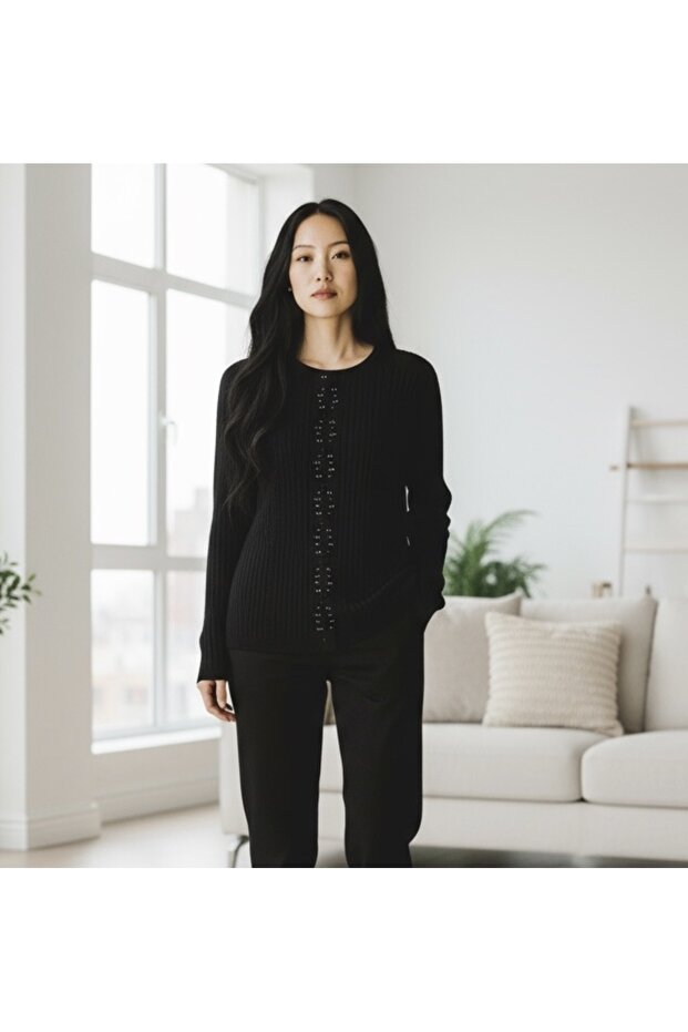 Women's Front Stone-Embellished Self-Patterned Zero-Collar Blouse