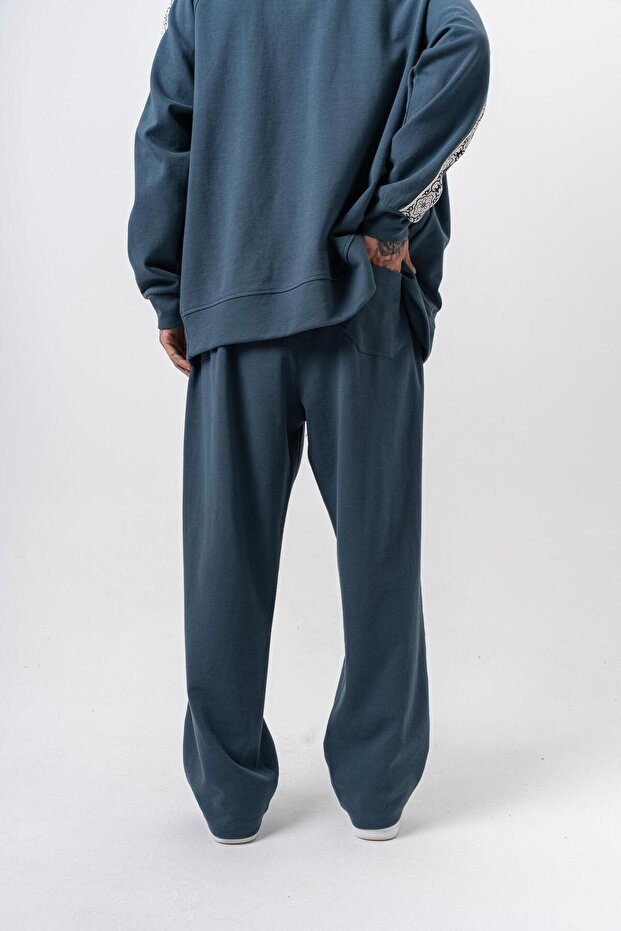 Erkek Damask Şerit Detaylı Kışlık Doubleface Baggy Eşofman Altı Petrol - 3