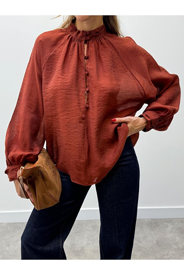 Women's Balloon Sleeve Buttoned Chiffon Tile Blouse