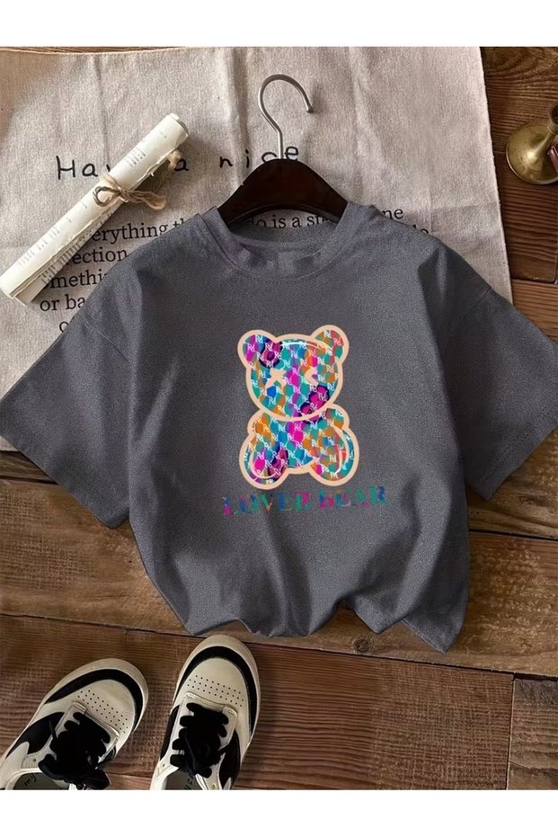 Women's Color Block Bear Pattern Crew Neck T-Shirt Oversize Loose Fit