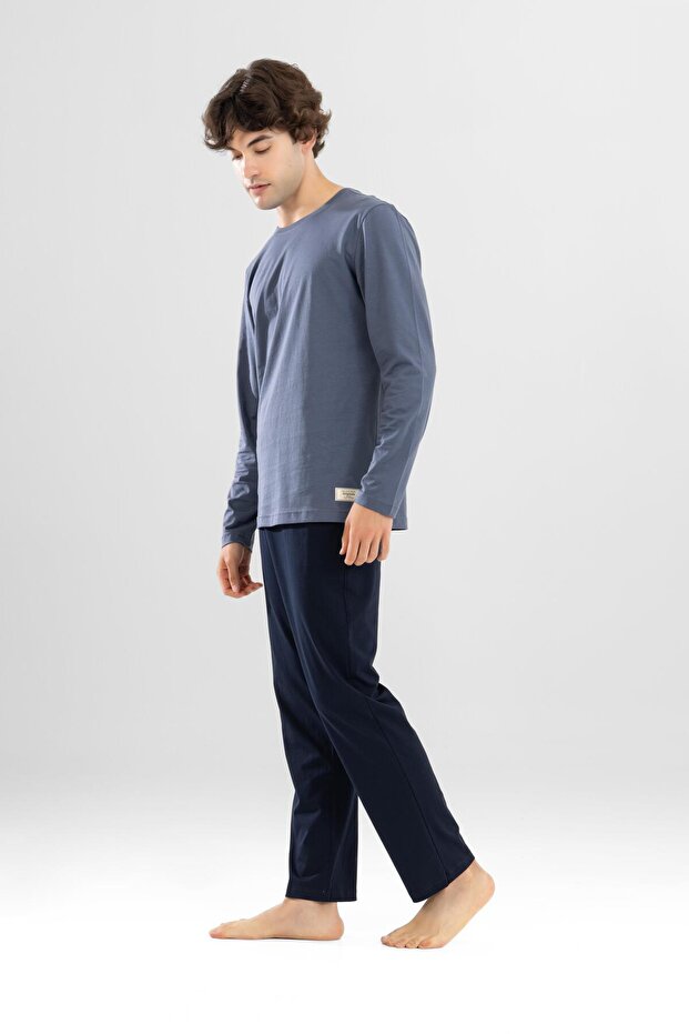 Men's Cotton Crew Neck Printed Long Sleeve Pajama Set 9805 Gray Melange