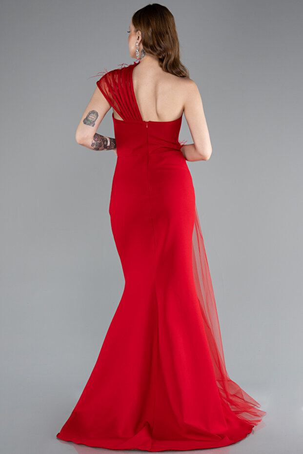 Kırmızı Tek Omuz Çiçek Aksesuarlı Yırtmaçlı Uzun Abiye ABU4969 - 3