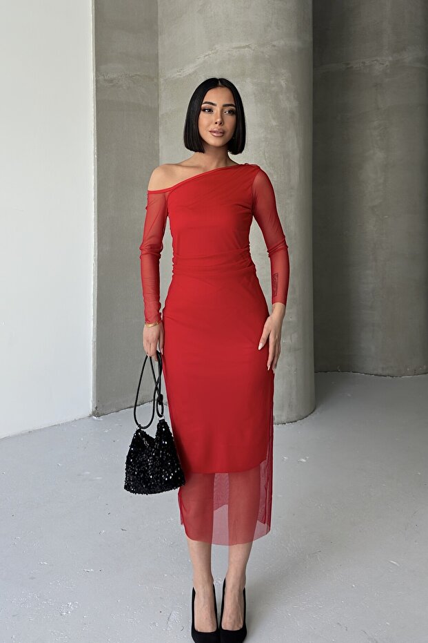 Red Tulle Asymmetrical Neckline Long Dress
