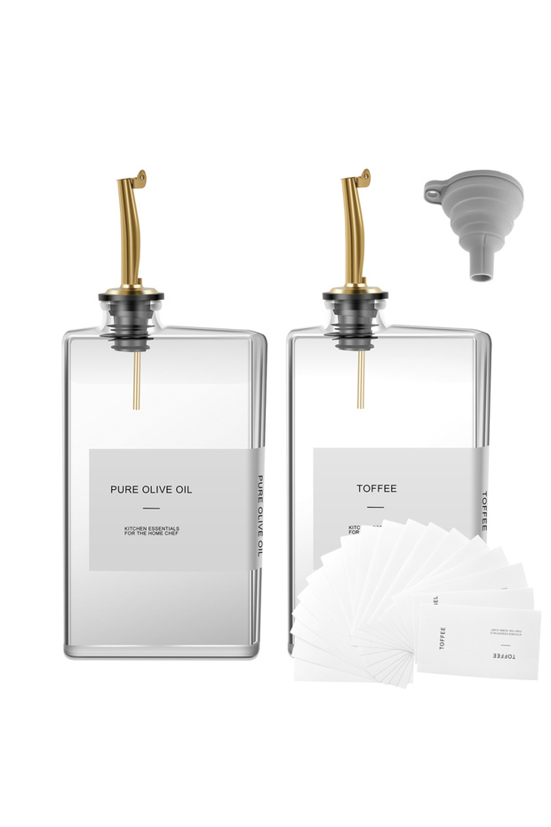 Gold-2pcs Glass Seasoning Bottle Dispenser 350ml Olive Oil Vinegar Bottle with Sort Sticker Kitchen