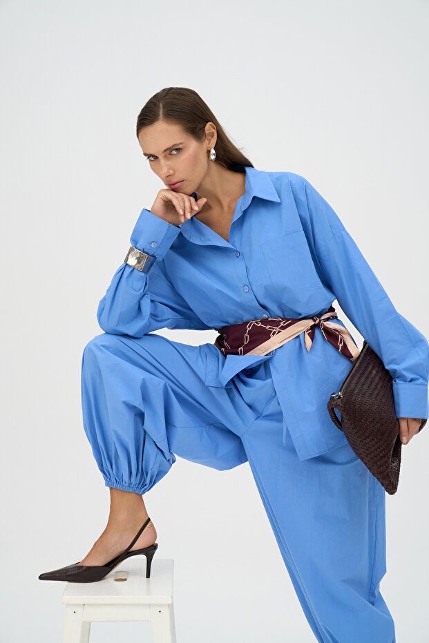 Velora Mavi Poplin Şalvar Pantolon - 6