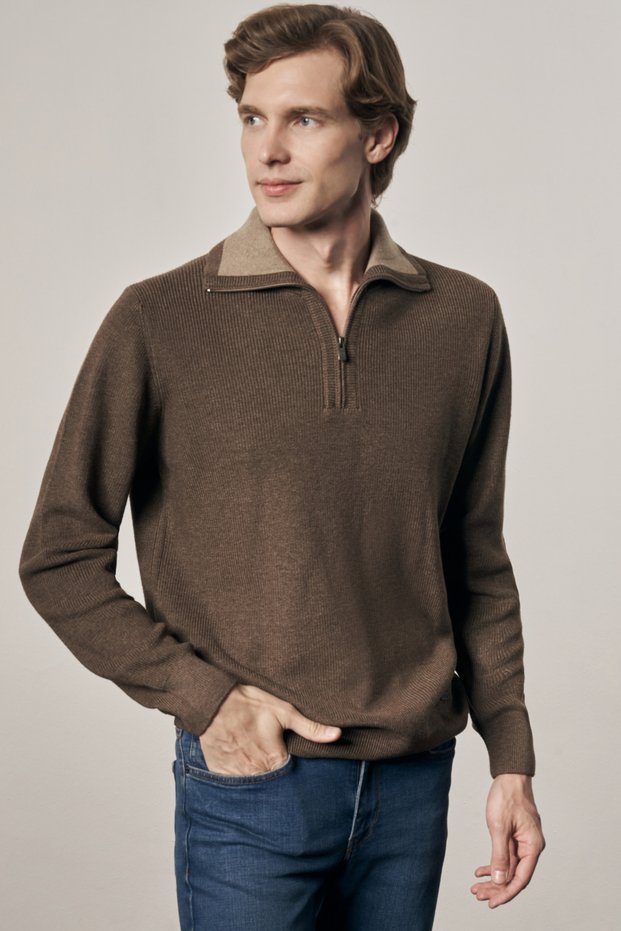 Mink Zippered Half Fisherman Long Sleeve Pocketless Comfort Fit Casual Cotton Knitwear Sweater 1012255204