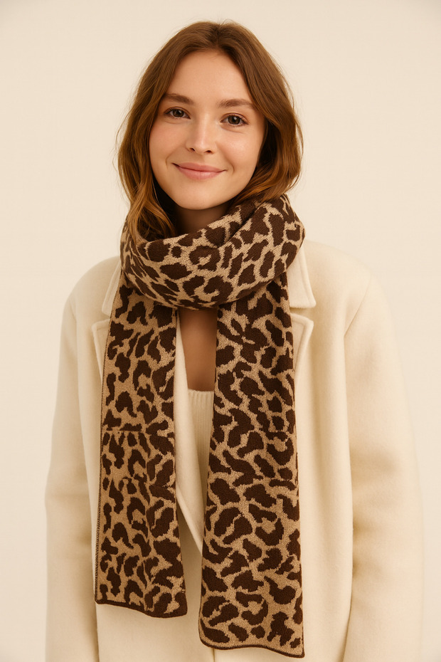 Leopar Desenli Triko Atkı - 1