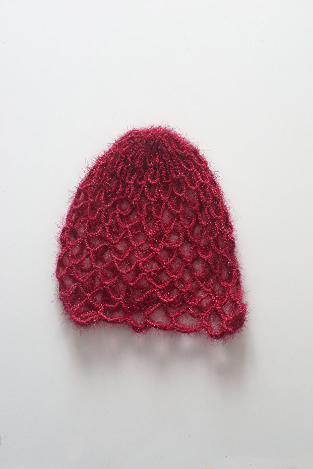 Handmade Mesh Knit Glitter Seasonal Hat - Women's Mesh Beanie - Mesh Hat - Crochet, Fuchsia Cherry