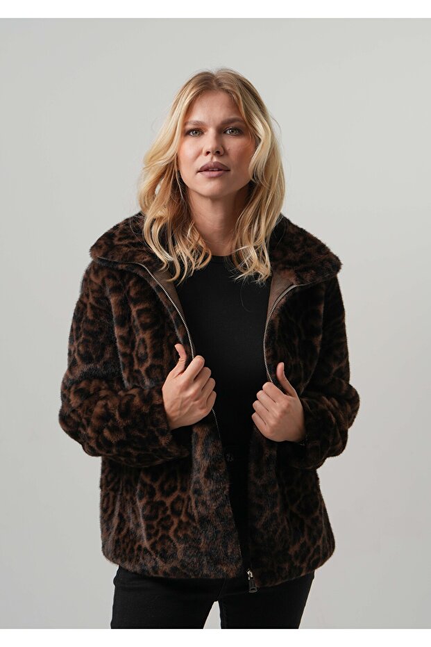 Women's Coat Women's Faux Fur Suede Laminated Leopard Pattern Zippered Jacket