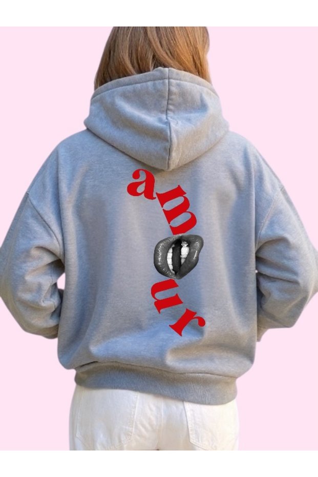 Unisex Amour Lip Color Custom Printed Cotton Oversize Hooded Sweatshirt
