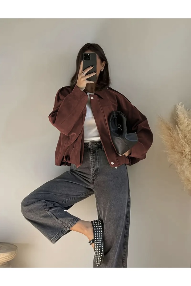 Oversize Bomber Süet Ceket - 4