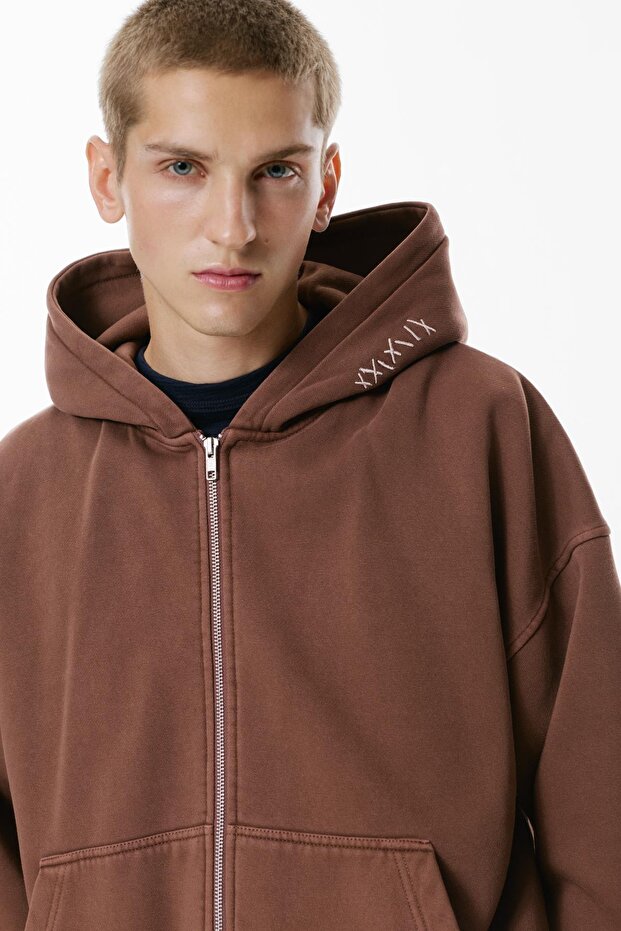 Kapüşonlu Fermuarlı Nakışlı Sweatshirt - 6