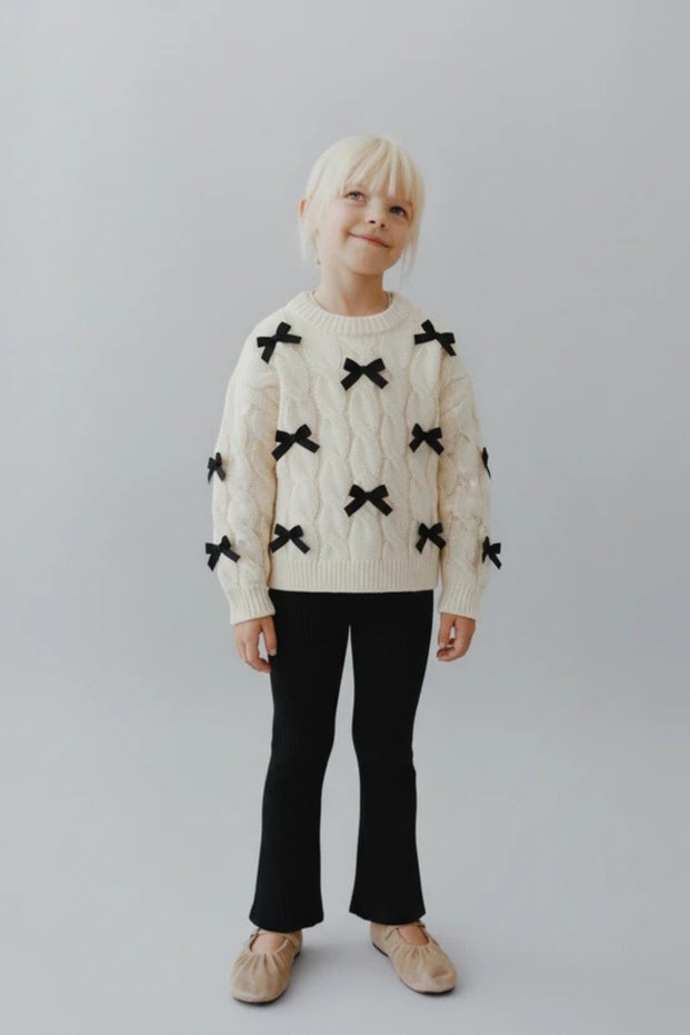 Girls' Cotton Cream Bow Detail Knitwear Sweater and Black Ribbed Flare Leggings Set