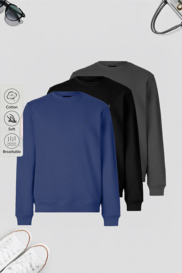 Erkek Basic Bisiklet Yaka Bol 3 Lü Swetshirt - 1