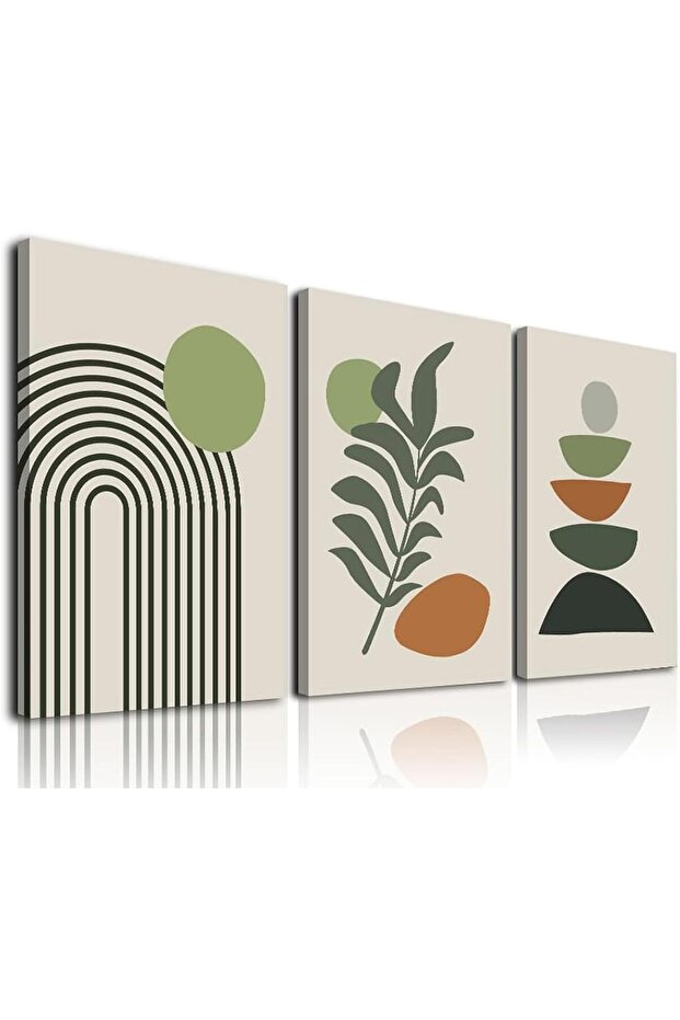 Boho Wall Art Set of 3 – Minimalist Leaf Sun Moon Canvas, Abstract Botanical , Sage Green, 40x60 cm