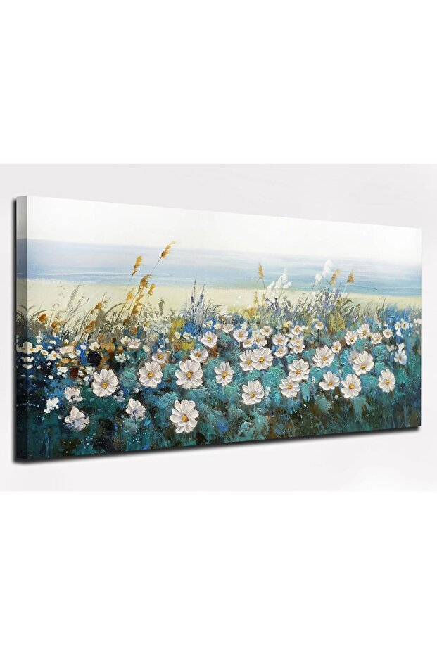 White Daisy Framed Canvas Wall Art– 50x100 cm, Teal Blue Floral Coastal Painting, Decor