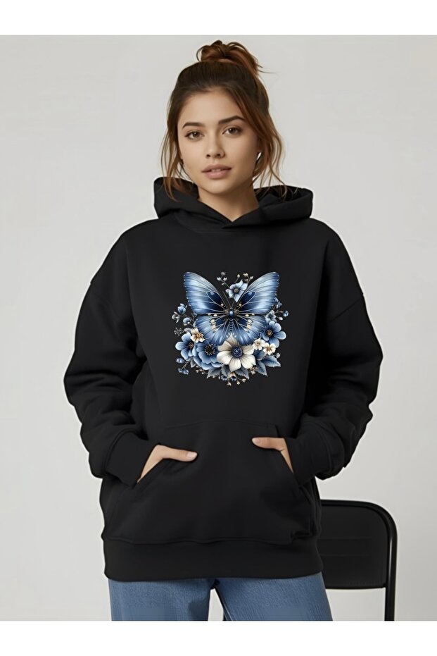 Blue Butterfly Flower Printed Oversize Unisex Women/Men Hooded Sweatshirt