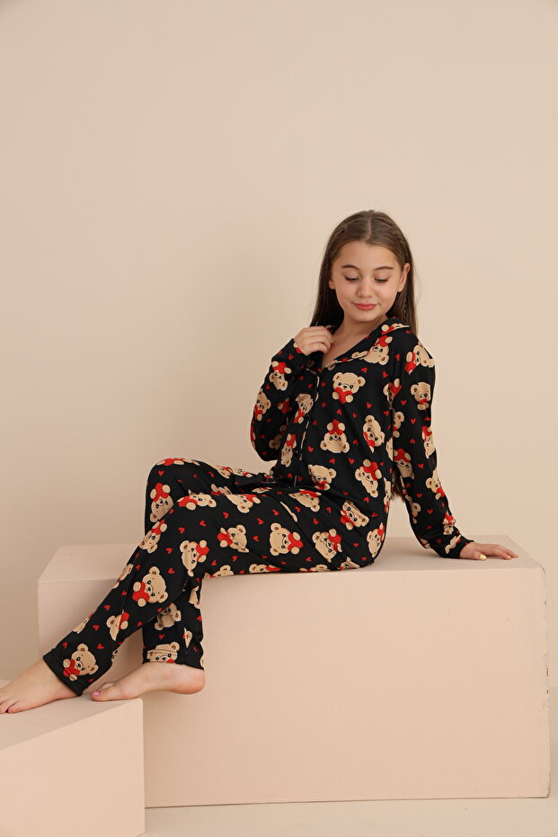 Kız Çocuk Yakalı Önü Düğmeli Pijama Takımı - 4