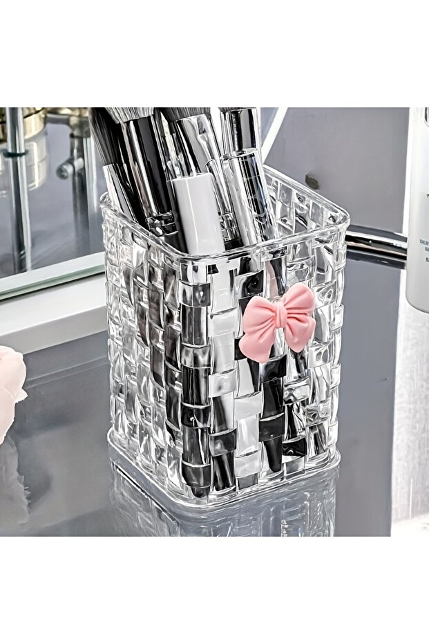 transparent 1pc Clear Acrylic Desk Organizer with Bow Accent-Durable Pen Holder and Storage Basket f