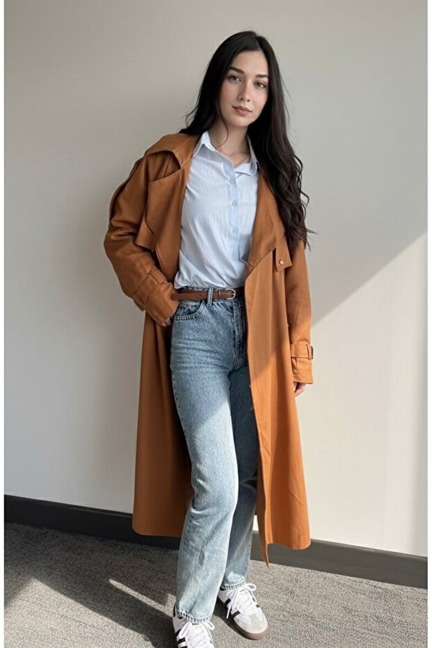 Tarçın Kuşaklı Uzun Trençkot - 54502 - 1