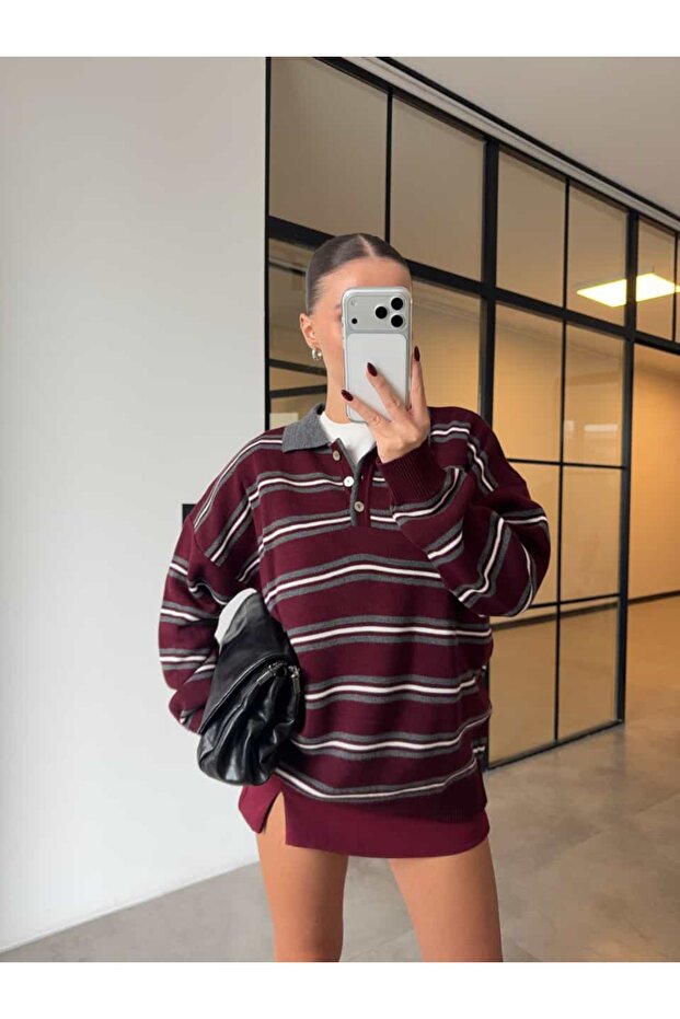 Polo Neck Bordo Striped Sweater