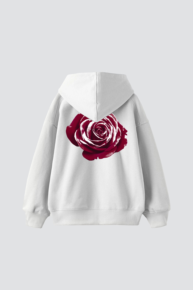 Alert Rose Printed Oversize Unisex White Hoodie