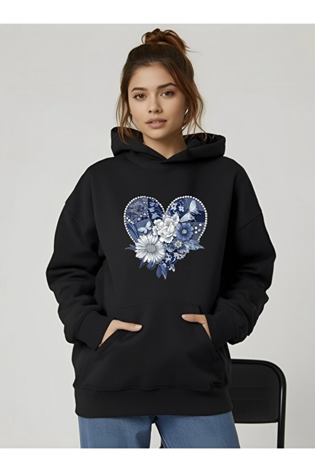 Blue Flower Heart Printed Oversize Unisex Women/Men Hooded Sweatshirt