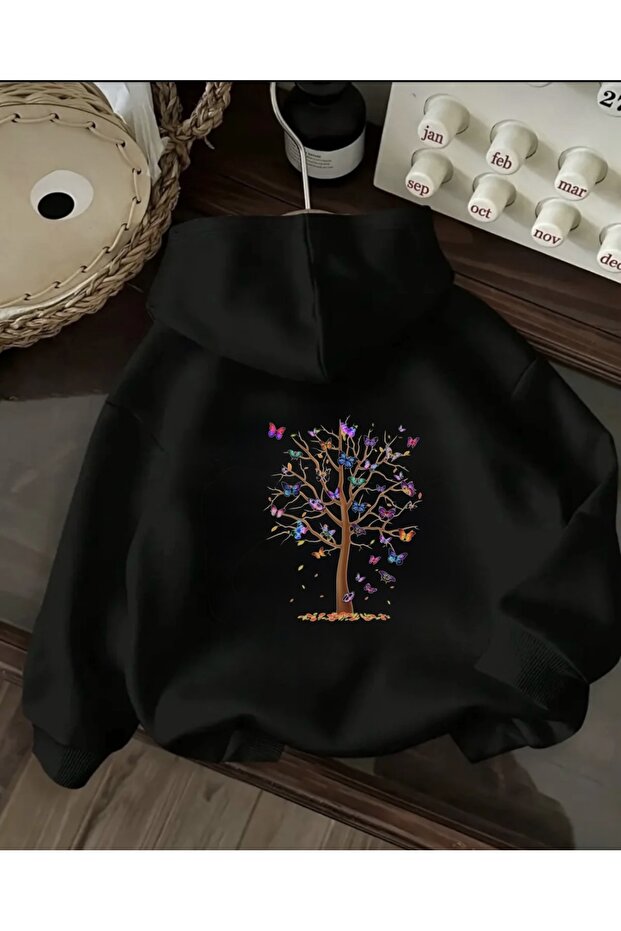 Oversize Unisex Women'S/Men's Hooded Sweatshirt with Butterfly Tree Print