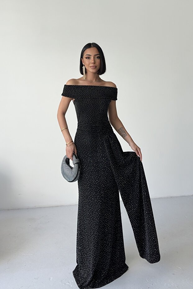 Off Shoulder Draped Glitter Black Evening Dress