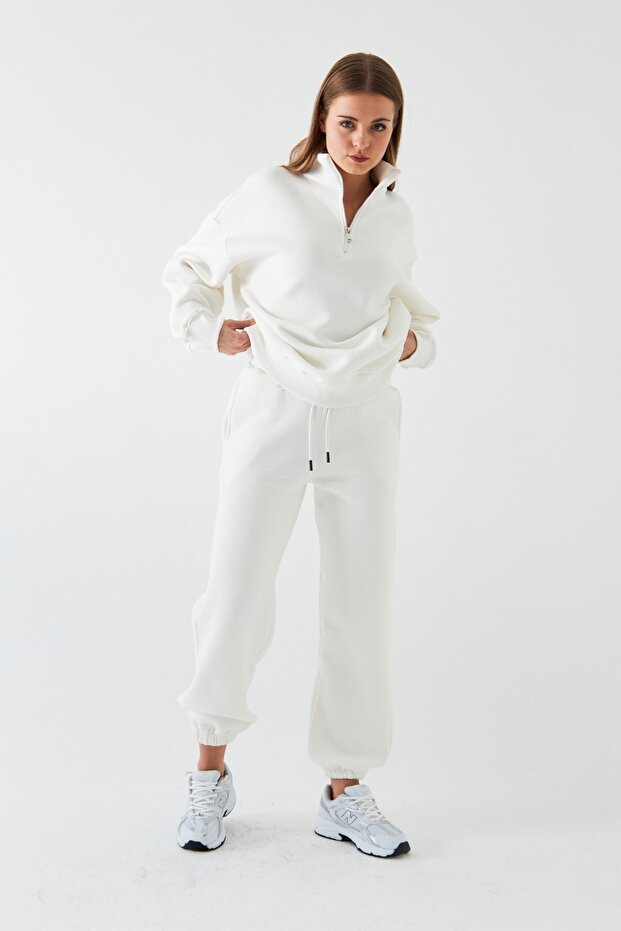 Unisex Oversize Tracksuit Set Basic White – Zippered Stand Collar, Elasticated Legs, 3 Thread Ribbed Pol