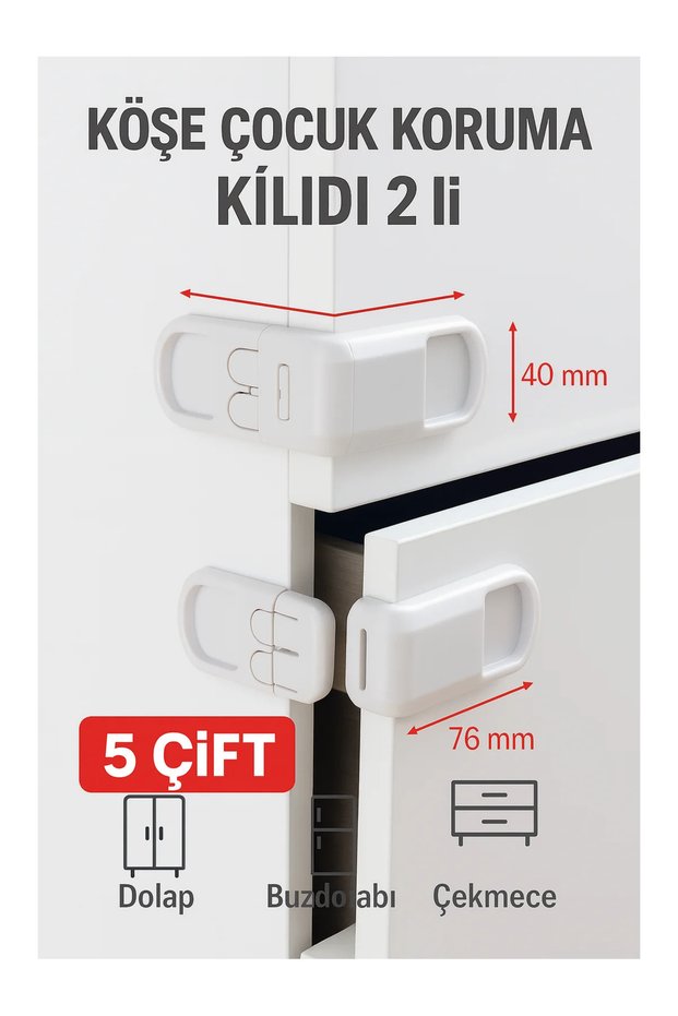5 Pairs - Corner Child Safety Lock Set of 2 – Cabinet, Refrigerator, Drawer Safety Lock