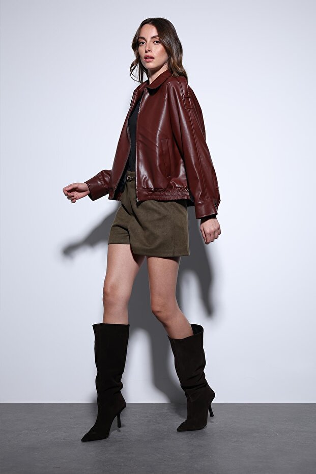 Burgundy Faux Leather Bomber Jacket