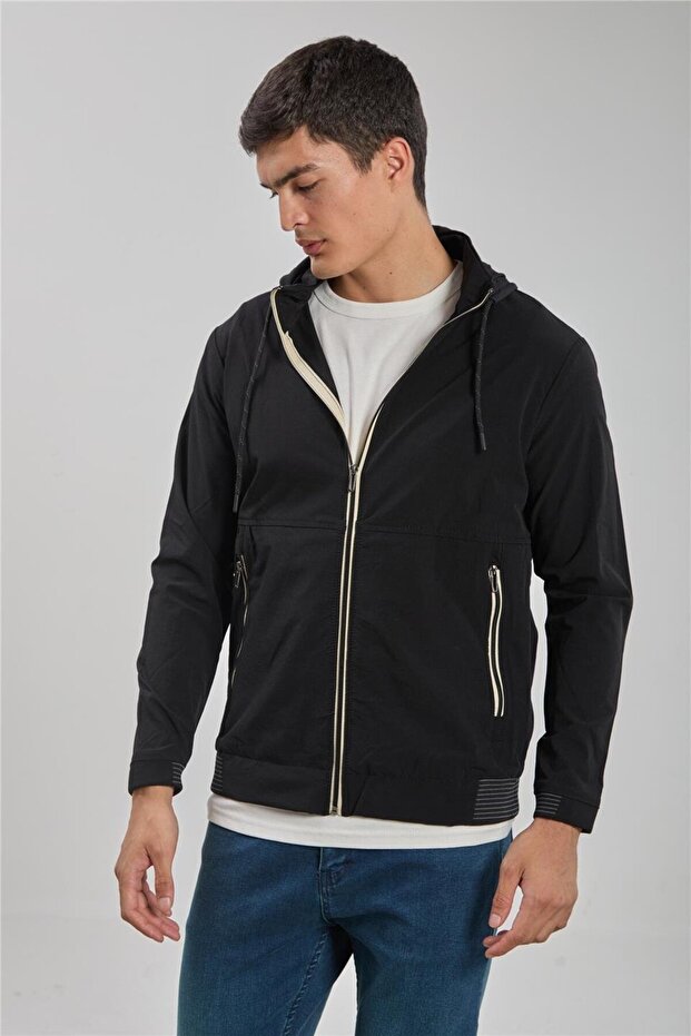 Men's Hooded Zip-Up Jacket - Black