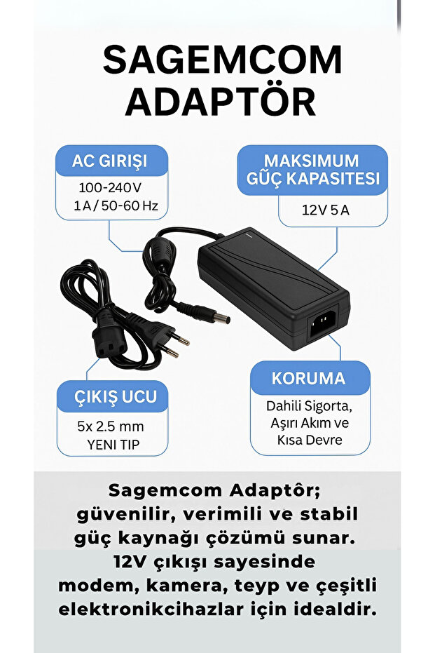 CS65001 12V 5A PLASTİK ADAPTÖR 5x2.5 YENİ TİP UÇ -TEYP FİŞİ DAHİL - 5
