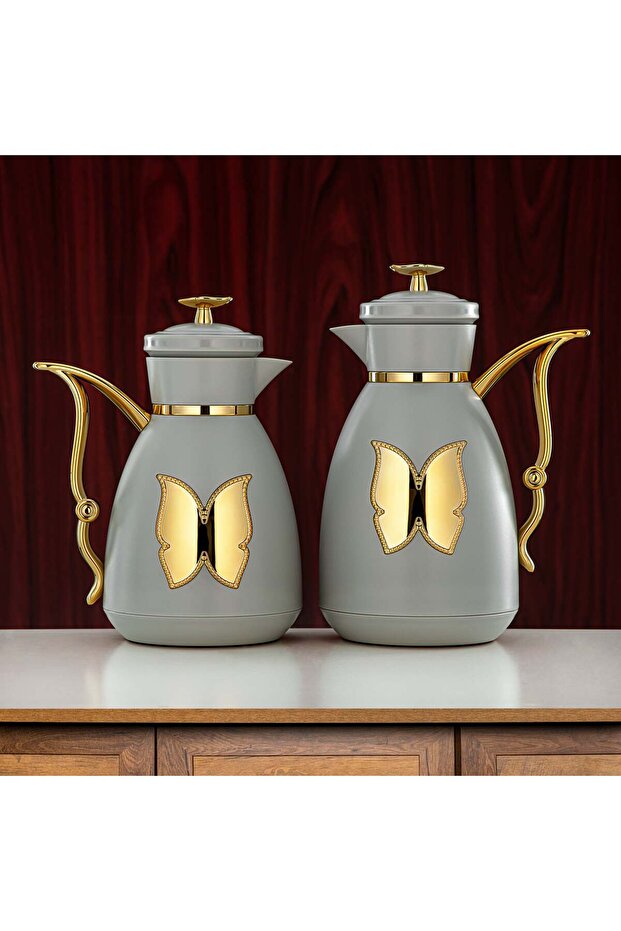Vacuum Flask Set Plastic Push Button 0.7 L + 1 L Light Grey & Gold
