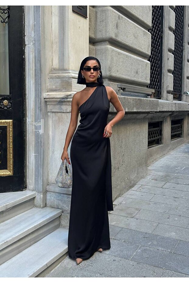 Kadın Tek Omuz Şal Detaylı Abiye Elbise - 7