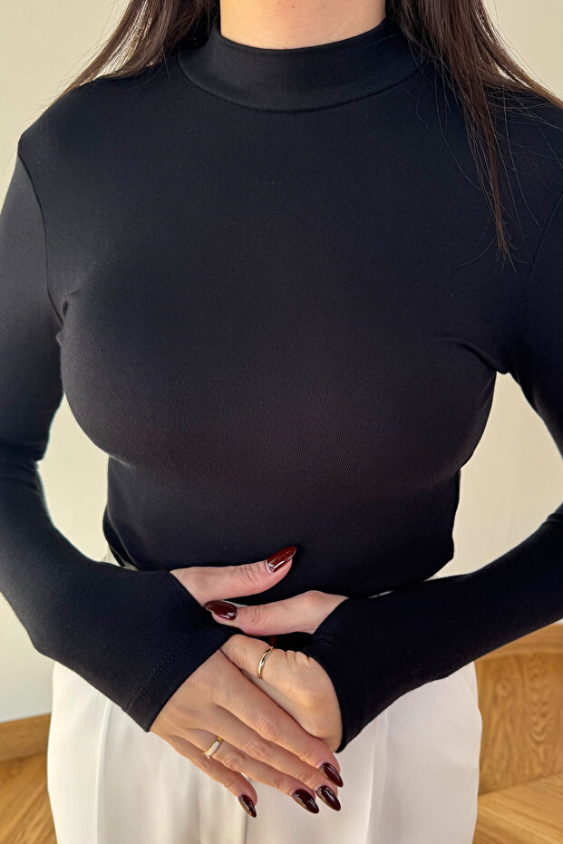 Blz-06290 Black Stand Collar Mercerized Lycra Cotton Basic Blouse with Finger Loops - 2