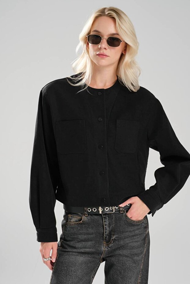 Women's Faux Leather Crew Neck Design Jacket