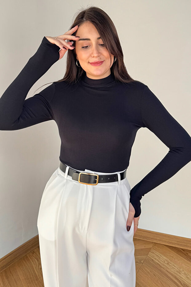 Blz-06290 Black Stand Collar Mercerized Lycra Cotton Basic Blouse with Finger Loops - 1