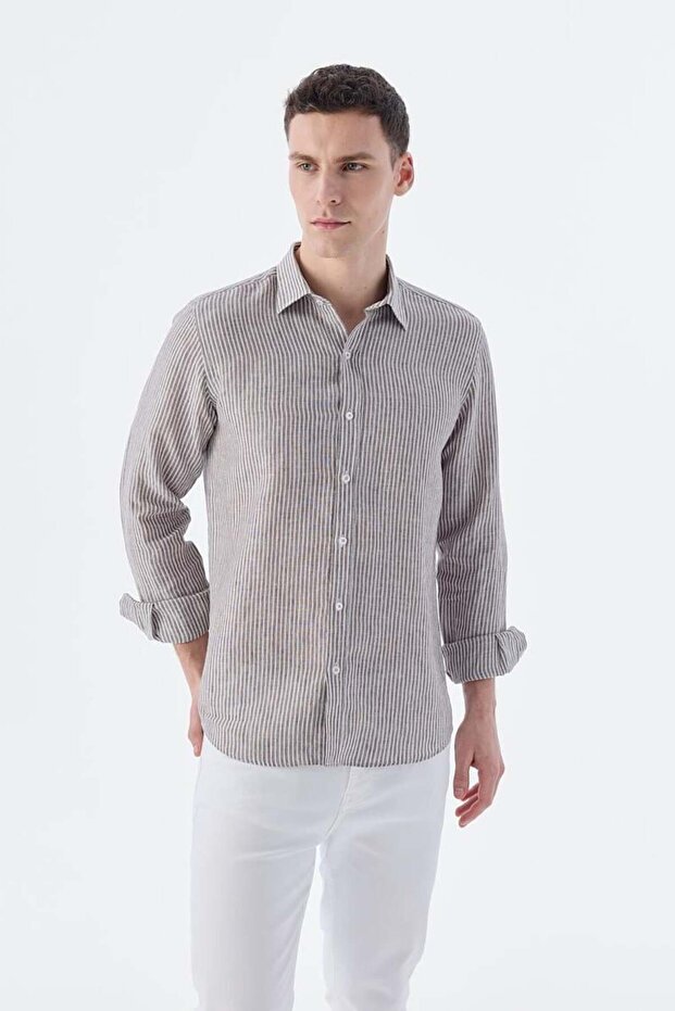 Brown Comfort Fit Striped 100% Linen Shirt