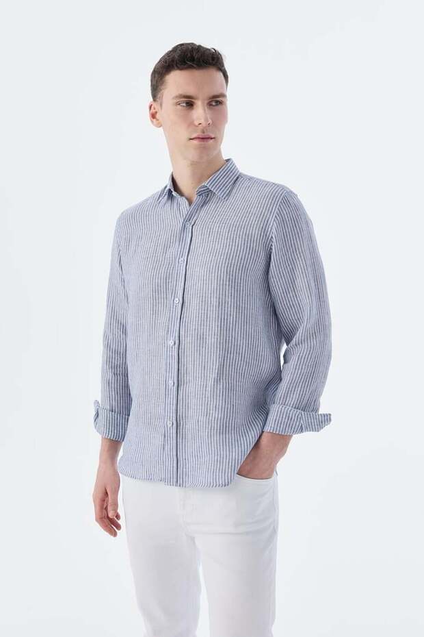 Navy Blue Comfort Fit Striped 100% Linen Shirt