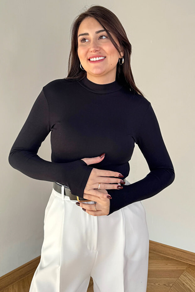 Blz-06290 Black Stand Collar Mercerized Lycra Cotton Basic Blouse with Finger Loops - 3