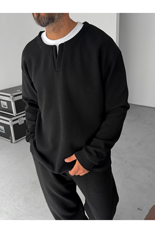 Siyah V Yaka Waffle Sweatshirt HM-0005 - 1