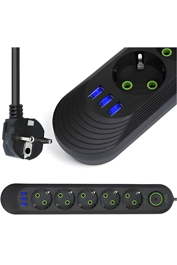 Professional Extension Cord 5 Outlets + 3 USB, Surge Protection, LED, 2500W - 1