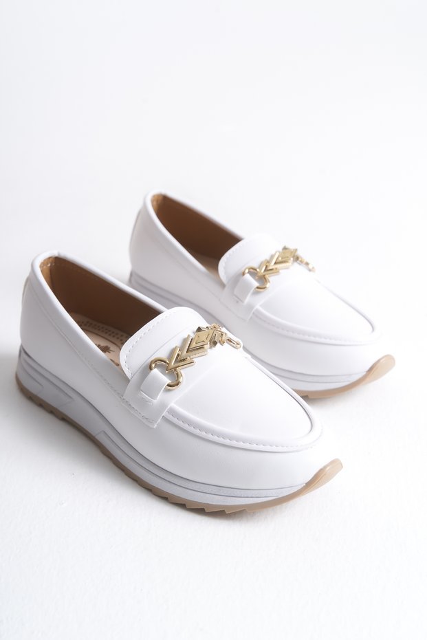 Women's White Leather Buckle Orthopedic Sole Ballerinas
