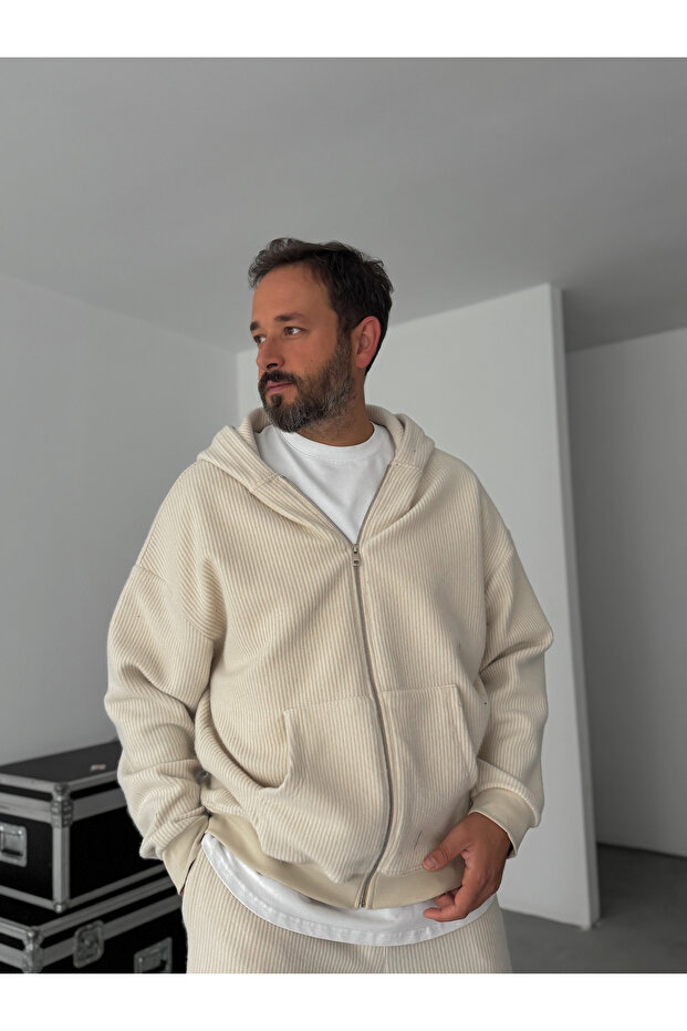 Bej Jakarlı Kapüşonlu Sweatshirt HM-0013 - 5