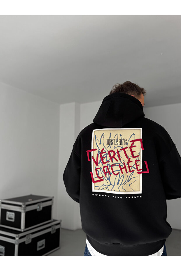 Siyah Verite Nakışlı Kapüşonlu Sweatshirt TW-7082 - 1