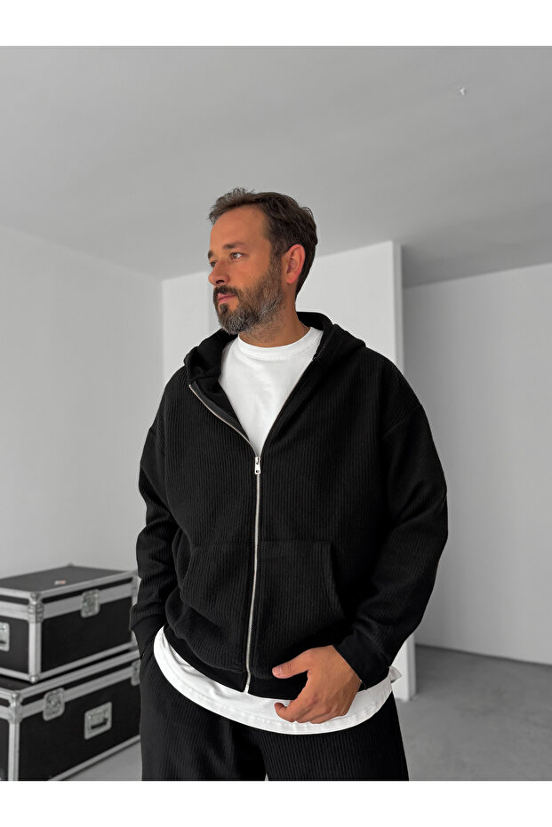 Siyah Jakarlı Kapüşonlu Sweatshirt HM-0013 - 3